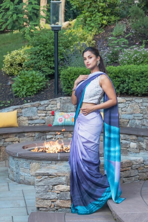 Soft purple & blue satin silk saree - Image 3