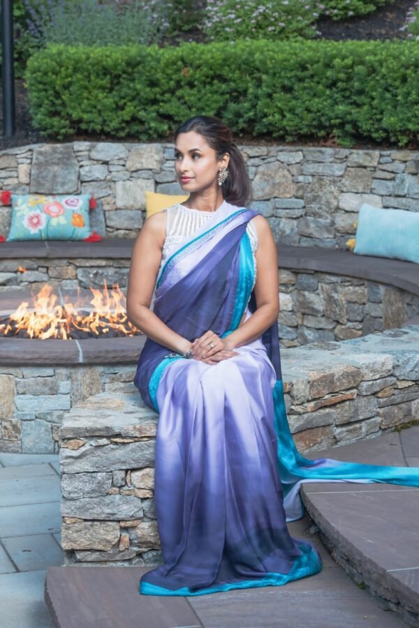 Soft purple & blue satin silk saree - Image 4