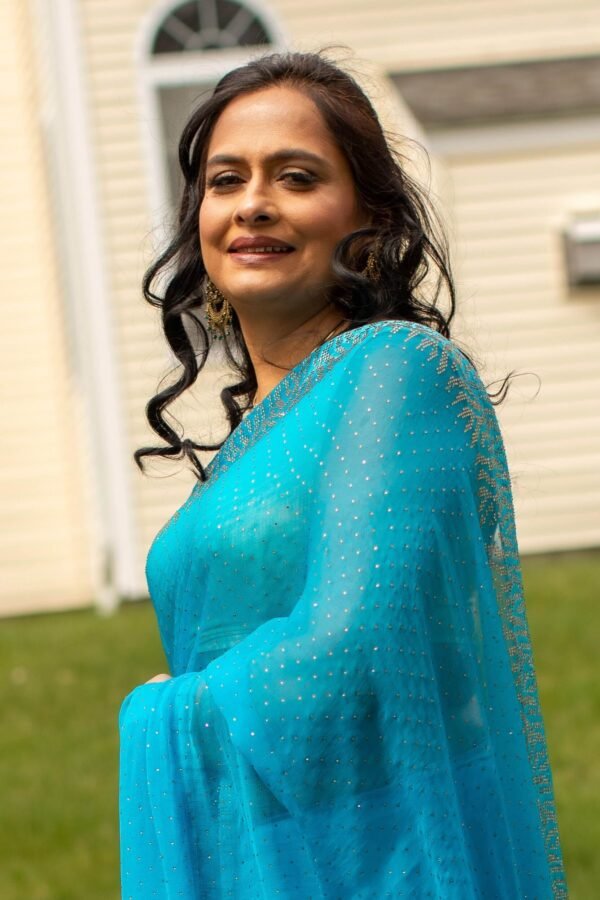 Turquoise blue chiffon saree - Image 2