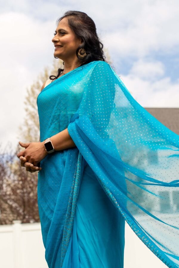 Turquoise blue chiffon saree