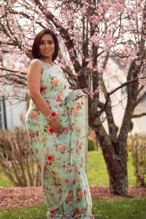 Mint Green floral light organza saree
