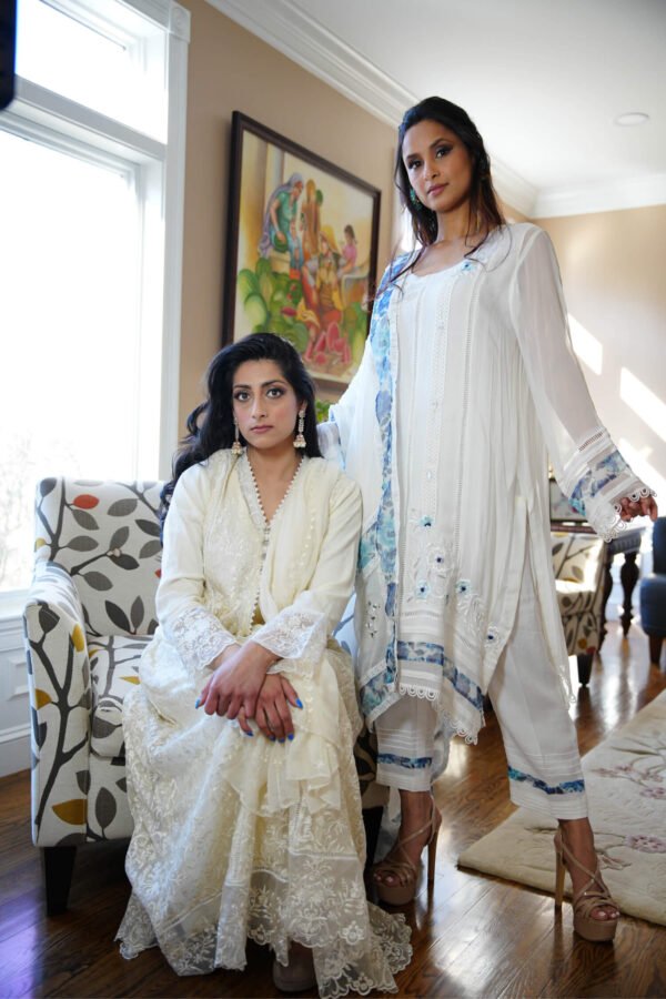 White/Turkish Blue chiffon kurta - Image 2